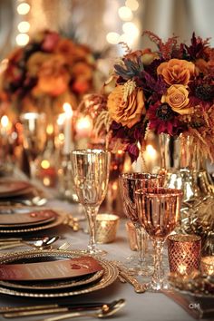 Elegant fall wedding table decor with warm autumnal colors, candles, and stunning floral arrangements. Perfect for a romantic fall wedding centerpiece. Halloween Wedding Pumpkins, Pumpkin Wedding Decorations Table, Fall Wedding Round Table Decor, Banquet Table Wedding, Fall Wedding Table Decorations, Fall Wedding Place Settings, Wedding Table Decorations Elegant, Fall Wedding Tablescapes, Fall Wedding Table Decor