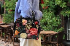 Vintage Botanical Floral Cottagecore Handbag, boho hippies bag, black floral purse, black and pink vegan leather shoulder bag, gift for her Leather Top Handle Bag With Floral Print, Daily Use Floral Print Satchel Shoulder Bag, Daily Use Floral Print Shoulder Satchel, Floral Print Tote Satchel For Daily Use, Pink Floral Print Leather Bag, Elegant Leather Shoulder Bag With Floral Print, Floral Print Satchel Shoulder Bag, Floral Print Leather Shoulder Bag, Leather Floral Print Satchel Shoulder Bag