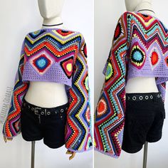 two pictures of a woman's colorful sweater on a mannequin headpiece