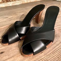 Salvatore Ferragamo Black Leather Slide On Heels. Size 8n. Would For 7.5 In Not Narrow. Nwot Black Mules With Leather Sole, Black Mules With Wooden Heel For Formal Occasions, Black Formal Mules With Wooden Heel, Elegant Black Mules With Wooden Heel, Black Mules With Wooden Heel For Work, Black Heels With Almond Toe And Leather Sole, Black Almond Toe Heels With Leather Sole, Black Almond Toe Mules With Contrasting Heel, Black Pointed Toe Mules With Wooden Heel