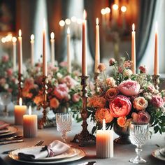 the table is set with candles and flowers