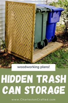 a wooden trash can with the words hidden trash can storage on it and an image of a