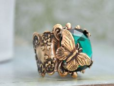 BUTTERFLY IN MOTION Neo Victorian vintage style by junesnight, $46.50 Vintage Handmade Butterfly Ring Gift, Handmade Vintage Butterfly Ring Gift, Handmade Vintage Butterfly Ring For Gift, Vintage Rings With Jewels As A Gift, Vintage Butterfly Jewelry For Wedding, Green Antique Finish Jewelry For Gift, Handmade Vintage Green Ring, Handmade Vintage Green Rings, Vintage Gold Butterfly Ring Gift