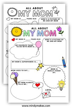 the all about my mom worksheet is shown in two different colors and styles