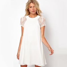 A-Line Lace Chiffon Sleeve Patchwork Dress Chiffon Dress Short, Loose Mini Dress, Chiffon Lace Dress, Sukienki Plus Size, White Lace Shorts, Chiffon Mini Dress, White Short Dress, White Dress Summer, Polyester Dress