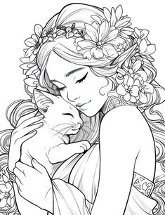 a woman holding a cat in her arms with flowers on her head and eyes closed