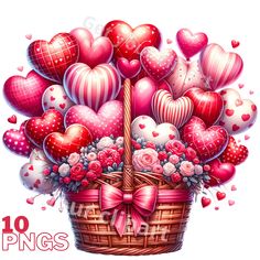 a basket filled with lots of heart shaped balloons