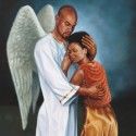 an image of a man and woman with angel wings on their shoulders, embracing each other