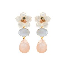 These flower earrings exude enchanting glamour with faceted mother of pearl flowers, chalcedony, and rose quartz set in a 14k gold-plated brass setting. They can be worn in four different ways, either with one or both dangles, or just the cluster buttons on their own. Any of these looks would be a reflection of good taste. SKU: SFEC-1D-2 Mother of Pearl, Chalcedony & Rose Quartz Convertible Earrings Semi Precious Stones Measures 2 3/4"l X 1" Material: 14K gold plated brass Availble in Clip on, B Elegant Dangle Clip-on Flower Earrings, Elegant Clip-on Dangle Flower Earrings, Luxury Flower Drop Earrings For Party, Elegant Clip-on Drop Flower Earrings, Luxury Bridal Clip-on Drop Earrings, Elegant Clip-on Flower Earrings, Luxury White Drop Clip-on Earrings, Luxury White Clip-on Drop Earrings, White Chic Clip-on Jewelry