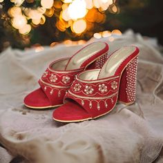 Step out in luxury and style with our handmade embroidered heels. Handcrafted and designed to fit you perfectly. Experience the beauty and comfort of customized footwear with every step 💃 Material : Red velvet  Heel in the pic : 4 inches Care : Spot cleaning with any acetone solution.  Insole : Memory foam Hand Embellished Elegant Heels, Elegant Hand-embellished Heels, Hand Embellished Heels For Evening, Luxury Embellished Heels For Reception, Glamorous Party Heels For Festive Occasions, Elegant Festive Heels For Party, Elegant Party Heels For Festive Occasions, Elegant Festive Party Heels, Festive Open Toe Evening Heels