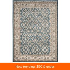 a blue rug with an orange border and the words $ 50 & under on it