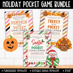 the holiday pocket game bundle includes pumpkins, turkey and santa's helper