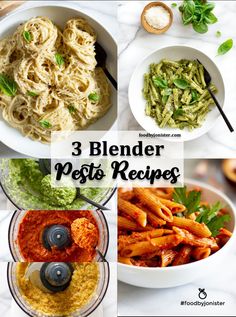 three blender meals are shown with the words 3 blender pasta recipes on it