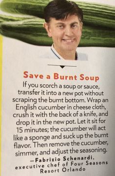 a man holding up a recipe book in front of his face and the caption says, save a burnt soup if you scrub a soup or sauce, transfer it into a new pot without wrapping