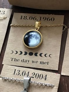 Custom birth moon necklace, stainless steel necklace! ♥ Please enter the date that means something to you! We will make a necklace from the moon phase which appeared that night. It can be any date  past or future (birthday, children, wedding...). → MEASUREMENTS: * Silver or gold Pendant (stainless steel) : 16mm / 0,63"  in diameter.  * Total length of chain (stainless steel) is 40 cm /16" or 60cm/23" (select your chain length from the drop-down bar) → MATERIALS: * Silver or Gold finish (stainles Crescent Stainless Steel Necklace For Gifts, Celestial Stainless Steel Jewelry For Gifts, Engraved Moon Necklace For Gift, Moon Print Moon Shaped Necklace For Gift, Moon Print Moon Shaped Necklace Gift, Moon Print Moon-shaped Necklace Gift, Moon Shaped Necklace With Moon Print For Gift, Moon Print Necklace Perfect For Gifts, Celestial Stainless Steel Jewelry With Moon Phase