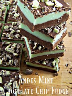 chocolate and mint fudge bars stacked on top of each other with text overlay