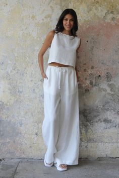 Odana's | PURE | Laid-Back Luxury: Discover Women's Linen Tops Wide Leg White Linen Pants, Pants And Top Set, Pants And Top, Nosara, Linen Drawstring Pants, Linen Tops, Linen Top Women, Linen Crop Top, White Linen Pants