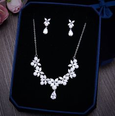 Wedding Jewelry - Silver Cubic Zirconia and Pearl Bridal Jewelry Set Pearl Bridal Jewelry Sets, Wedding Jewelry And Accessories, Bridal Jewelry Pearl Sets, Silver Jewelry Set, Wedding Jewelry Set, Pearl Bridal Jewelry, Iridescent Pearl, Silver Wedding Jewelry, Bridal Jewelry Set