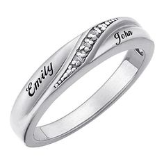 When she says "I do," give her a ring to cherish forever. This polished, Sterling silver or 18K Gold Over Sterling wedding band features elegant genuine Diamond accents that will sparkle and shine for years to come. You can make this ring even more special by personalizing the piece with your names, up to 10 letters per name. When she sees how much thought you put into this elegant wedding band, she'll fall in love with you all over again.  Sterling, Personalize with 2 names of up to 10 characte Personalized Classic Cubic Zirconia Diamond Ring, Personalized Cubic Zirconia Engraved Wedding Ring, Classic Personalized Cubic Zirconia Diamond Ring, Engraved White Gold Diamond Promise Ring, Anniversary Couple Rings In Cubic Zirconia, Personalized Silver Engraved Ring With Cubic Zirconia, Engraved White Gold Promise Ring, Anniversary Couple Rings With Brilliant Cut Cubic Zirconia, Cubic Zirconia Couple Rings For Anniversary