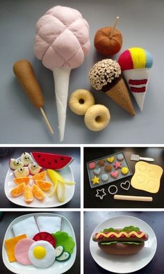 there are many different pictures of food on the table, including ice cream and donuts