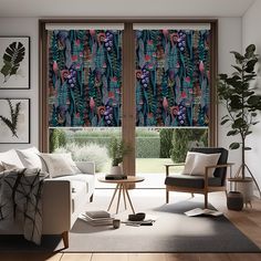 a living room with two large windows covered in colorful curtains and artwork on the wall