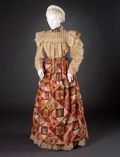 Gilbert and Sullivan's The Mikado opened at the Savoy Theatre, London, in 1885. The Cocheco Manufacturing Company created this 'The Mikado' cotton ensemble in 1886, featuring scenes inspired by the opera on the patchwork effect skirt. From Risd Museum, Victorian Fashion Dresses, Blythe Dress, Century Dress, Fashion D, 1920s Fashion