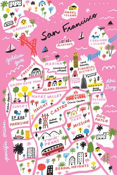 a pink map with the words san francisco written in different languages and pictures on it