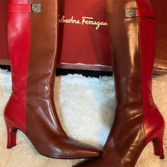 Ladies Knee Boots 2 Inch Heal, Zip Up Versatile Boots By Salvatore Ferragamo. Classic Red Workwear Boots, Red Knee-high Heeled Boots For Formal Occasions, Elegant Brown Snip Toe Boots, Elegant Red Knee-high Boots, Fitted Brown Boots With Leather Sole, Formal Fitted Brown Boots, Designer Brown Knee-high Boots, Fitted Cognac Leather Boots, Red Fitted Heeled Boots With Square Toe