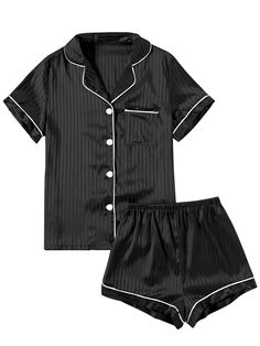 PRICES MAY VARY. Soft and lightweight silk satin material, this loungewear set is comfortable for your relaxing day or night. Two piece satin pajamas set featuring with a button front short sleeve shirt and a pair of shorts. Notch collar short sleeve top with a chest pocket, button up closure, piping trim. V neck stripe printed sleepshirt. Printed elastic waist shorts for a relaxed fit. Women's summer loungewear pajamas set with shorts. Casual 2 piece satin PJs sleepwear set for year-round wear. Goth Pajamas Shirt, Goth Pajamas Cozy, Hot Pjs Plus Size, Cheap Button-up Sleepwear For Pajama Party, Cheap Purple Intimates For Pajama Party, Black Pjs Dress, Bridal Party Pajama Sets Black, Couples Pajamas Shorts, Matching Pajamas For Bffs