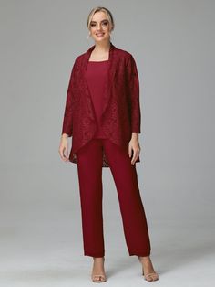 3 Pieces Chiffon Mother of Bride Dress Pant Suits | Cicinia Lace Mother Of The Bride Dress For Ceremony, Elegant Long Sleeve Dress For Mother Of The Bride, Chiffon Sets For Wedding Guests, Elegant Lace Sets For Spring, Elegant Lace Sets, Elegant Lace Wedding Sets, Elegant Lace Sets With Lace Trim, Elegant Lace Ceremony Sets, Elegant Lace Mother Of The Bride Dress For Ceremony