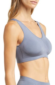 Smooth and stretchy fabric shapes a soft bralette designed with seamless construction for all-day comfort and a wide underbust band that provides light support for smaller figures. Knitting between the cups creates natural shaping and definition. Removable soft cups Partially lined Nylon/spandex Hand wash, line dry Imported Women's Clothing Soft Cup, Bralette, Sports Bra, Nordstrom, Knitting, Clothes For Women, Fabric, Clothes