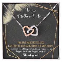 Imagine her reaction! ❤️ Melt her heart with this gorgeous necklace and a heartfelt message, "You have made me feel like I am part of this family from the very start. Thank you for all the generous things you do for us. I appreciate it and I appreciate you. Thank you!" Give her the gift that symbolizes your never-ending love. This Interlocking Hearts necklace, a unique and exquisite piece, is the perfect accessory for everyday wear. It features two lovely hearts, each one embellished with cubic Meaningful Heart-shaped Wedding Jewelry, Rose Gold Necklace With Gift Box For Mother's Day, Meaningful Hallmark Jewelry For Mother's Day, Mother's Day Inspirational Jewelry With Gift Box, Inspirational Jewelry For Mother's Day With Gift Box, Meaningful Jewelry For Wedding And Mother's Day, Meaningful Wedding Jewelry For Mother's Day, Meaningful Hallmark Necklace As Gift, Meaningful Hallmarked Necklace Gift