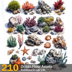 an ocean scene with rocks, corals and other sea life on the bottom right hand corner