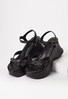 ShoeDazzle BLACK female Fashion >> Shoes >> Sandals >> Wedge Faux Leather regular Buckle Ninette Platform Wedge Sandal Club Shoes Comfortable, Platform Sandals Outfit, Mini Heels, Black Female Fashion, Jeweled Shoes, Black Platform Sandals, Sandals Wedge, Fashion Shoes Sandals, Club Shoes