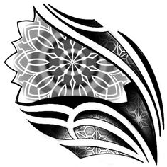 a black and white tattoo design with an abstract flower in the center, on a white background