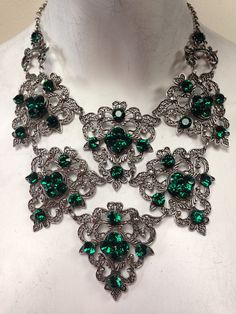 Emerald beauty  on Etsy, $195.00 Emerald Jeweled Jewelry For Parties, Glamorous Green Jewelry For Formal Occasions, Glamorous Green Jewelry, Green Crystal Jewelry With Rhinestones, Ornate Green Jewelry With Jewels, Elegant Green Jeweled Jewelry, Green Sparkling Stone Necklace For Party, Glamorous Green Jewelry With Rhinestones, Green Jeweled Formal Jewelry