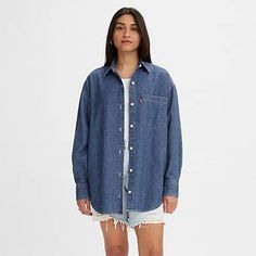 Nola Button Up Shirt - Medium Wash | Levi's® US Oversized Button Up Shirt, Oversized Button Down Shirt, Classic Menswear, Denim Blouse, Shirt Blouses Tops, Denim Button Down, Shop Blouses, Denim Top, Denim Shirt