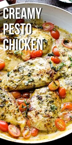 creamy pesto chicken with tomatoes in a pan