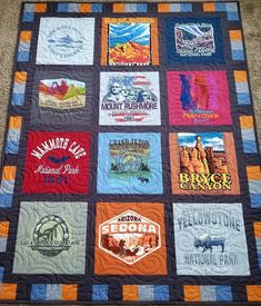 a quilt made to look like it has many different logos on it