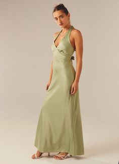 Heavy Hearted Satin Maxi Dress - Sage – Peppermayo US Maxi Dress Satin Green, Satin Bias-cut Maxi Dress For Prom, Pale Green Satin Dress, Green Floor-length Satin Slip Dress, Bias-cut Modal Satin Maxi Dress, Hen Party Dress, Dress Sage, Hen Party Outfits, Satin Maxi