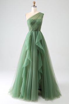 Sleeveless Green Ball Gown For Evening, Sleeveless Green Evening Ball Gown, Evening Tulle Dress With Sweep Train, Green Tulle Evening Dress, Green One-shoulder Wedding Gown, One-shoulder Tulle Dress For Formal Occasions, Strapless Ball Gown Dress With Sweep Train For Party, Formal Tulle Bridesmaid Dress With Sweep Train, Strapless Tulle Dress For Banquet