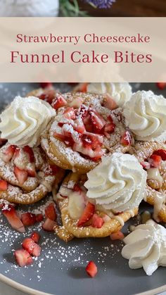 strawberry cheesecake funnel cake bites on a plate