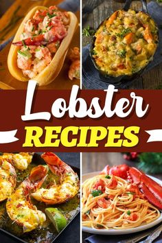 lobster dishes with text overlay that reads lobster recipes on the top and bottom right