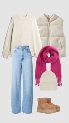 two pieces of clothing and boots are arranged on a white background, including a jacket, sweater, jeans, and booties