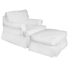 a white chair and footstool with a pillow on the bottom one arm is folded over