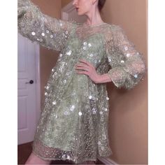 Asos Edition (High End Line) Sea Foam Mint Green Palette Sequin Embroidered Voluminous Oversized Mini Babydoll Smock Dress Tie Back Slip Lining Layered Long Sleeves W/ Flounce Excellent Condition For Reference, I’m 5’9, Sz Xs Note: Subtle Musty Scentprobably Just Needs Aired Out. Spring Sequined Embroidered Dress For Party, Spring Party Dress With Sequins Embroidery, Spring Embroidered Sequin Dress For Party, Spring Party Embroidered Dress With Sequins, Long Sleeve Embellished Dresses For Spring, Long Sleeve Embellished Spring Dresses, Spring Mini Dress With Sequins And Long Sleeves, Long Sleeve Sequin Dresses For Spring, Green Long Sleeve Dress With Sequins