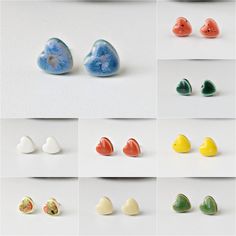 Small ceramic heart shaped earrings with 925 sterling silver posts. Simple and cheap colorful studs for every day. Unique handmade ceramic jewelry. Gift for her Silver or silicone snap butterfly closure. Size: 9 x 9 x 3mm. COLORS - Blue - Red - White - Beige - Yellow - Green - Dark green - Apple green - Red with black and white speckles ELABORATION Each ceramic piece is carefully modeled with white clay and hand painted with special ceramic glazes. Two firings of up to 1200 º C are necessary in Porcelain Heart, Ceramic Kiln, Handmade Ceramic Jewelry, Ceramic Glazes, Ceramic Heart, Heart Shaped Earrings, Heart Stud Earrings, Earrings Simple, Ceramic Jewelry