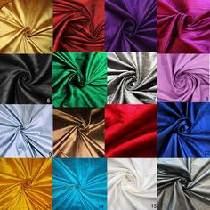 multiple colors of satin fabric with different sizes and patterns on each side, all showing the same