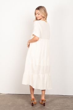 100% Cotton Soft Crinkle Gauze Midi Dress with Lining Daytime Cream Cotton Midi Dress, Casual Midi Length Crinkle Texture Dress, Casual Midi-length Dress With Crinkle Texture, Billowy White Midi Dress With Gathered Sleeves, Midi-length Beige Dress With Gathered Sleeves, Cream Dress, Midi Dress, Cream