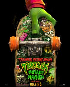 a skateboard with an image of a zombie riding on it's back end